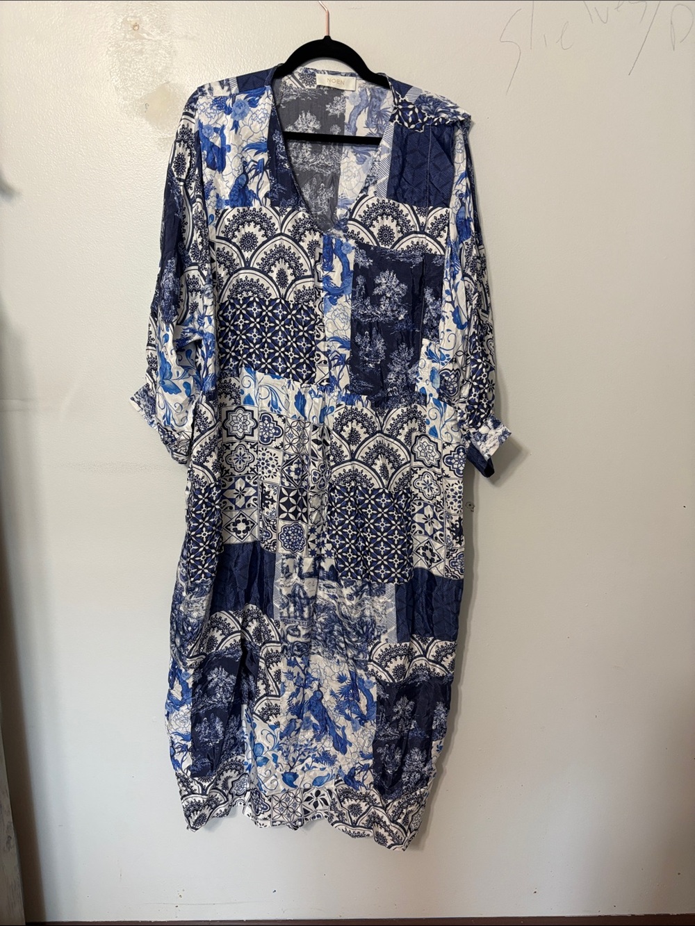 NOEN Blue White Patchwork Print Viscose Tunic Dress US 18 Boho - Picture 2 of 6